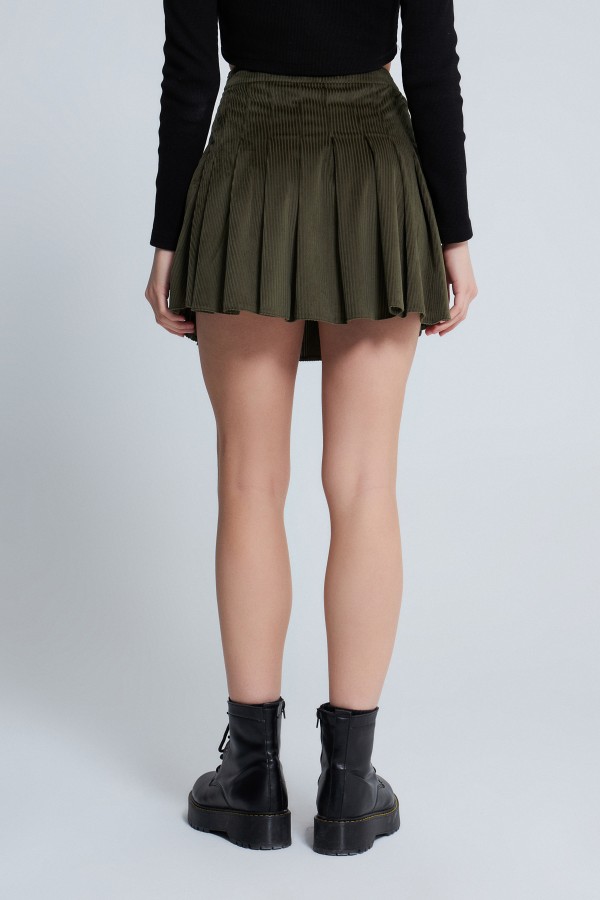 VELVET PLEATED ROPE DETAILED MINI SKIRT HAJKİ - 3