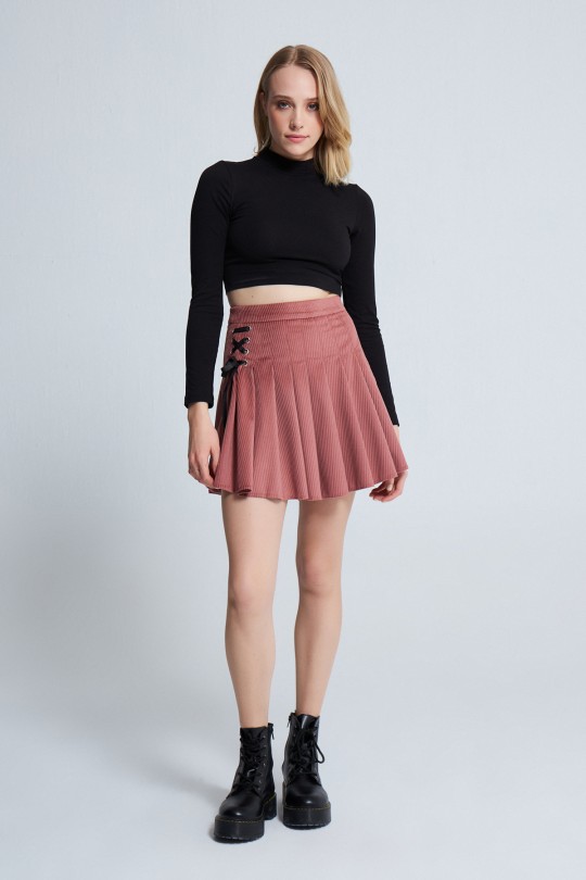 VELVET PLEATED ROPE DETAILED MINI SKIRT PİNK 