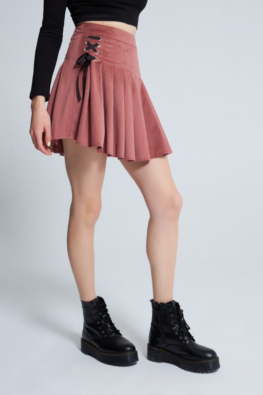 VELVET PLEATED ROPE DETAILED MINI SKIRT PİNK - 2