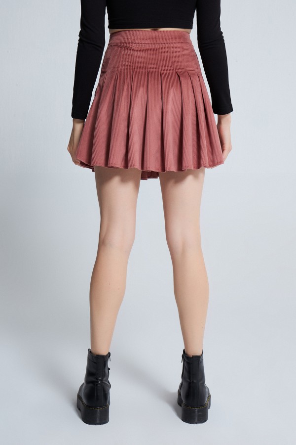 VELVET PLEATED ROPE DETAILED MINI SKIRT PİNK - 3