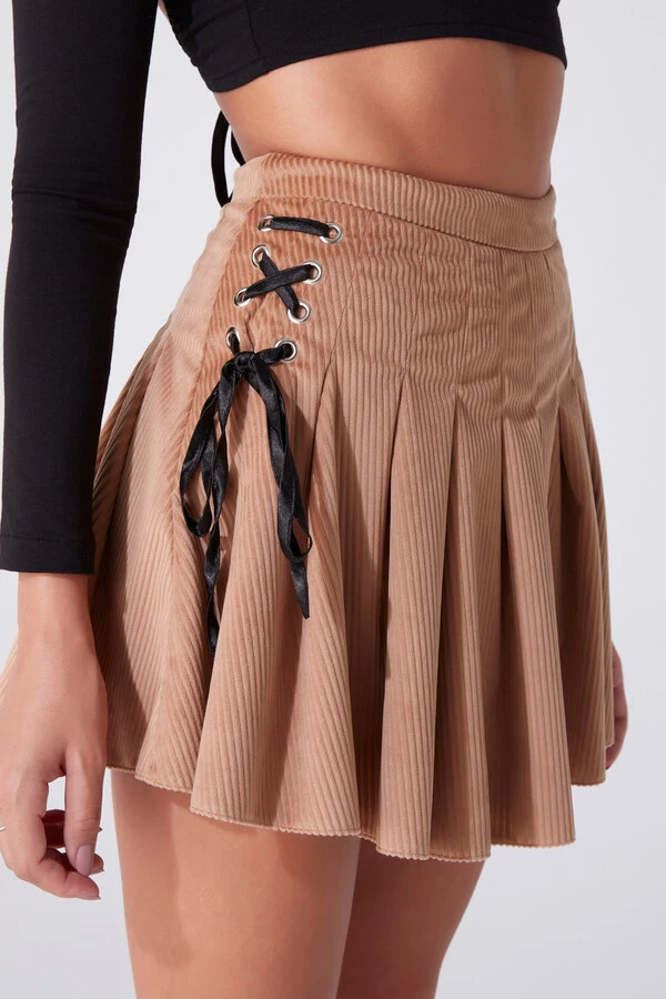 VELVET PLEATED ROPE DETAILED MINI SKIRT VİZON - 2