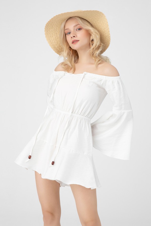 Weißer Brust mit Bindeband und elastischem Bund Jumpsuit - 3