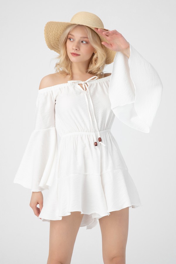 Weißer Brust mit Bindeband und elastischem Bund Jumpsuit - 2