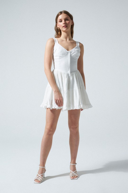 WEIßES BLUMENROCK VORNE V-FÖRMIG DICKES HÄNGENDES KLEID - BERFUĞ KIRAN