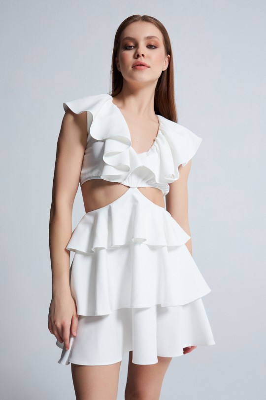 WEIßES HÜRREM-LAGENKLEID MIT V-BUST DEKORATION - 2