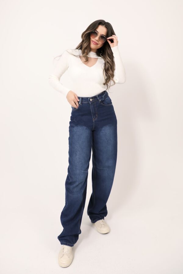 Weite Jeanshose in Blau mit Schnallendetail und weitem Bein - 2