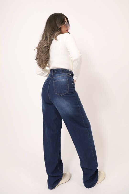 Weite Jeanshose in Blau mit Schnallendetail und weitem Bein - 5