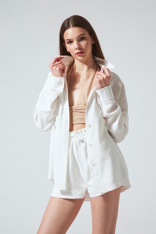 WHITE BUTTON-FRONT LINEN SHIRT 