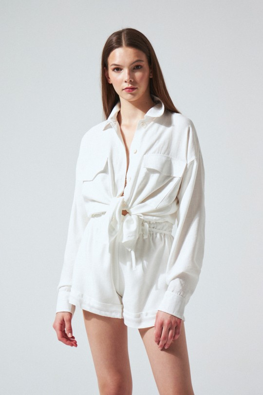 WHITE BUTTON-FRONT LINEN SHIRT - 2