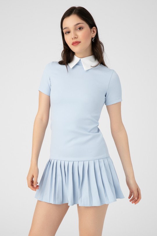 WHITE COLLAR DRESS WITH PLEATED SKIRTS - Thumbnail