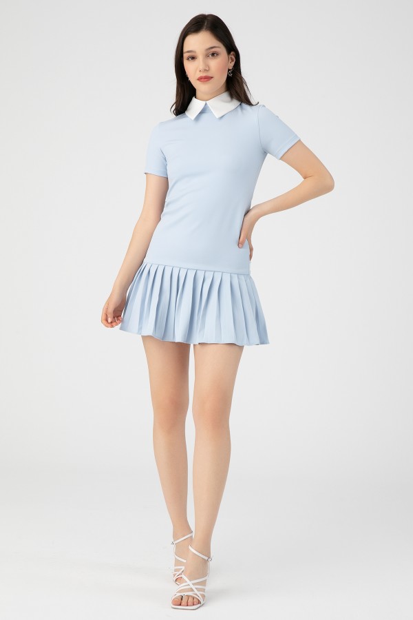 WHITE COLLAR DRESS WITH PLEATED SKIRTS - 3