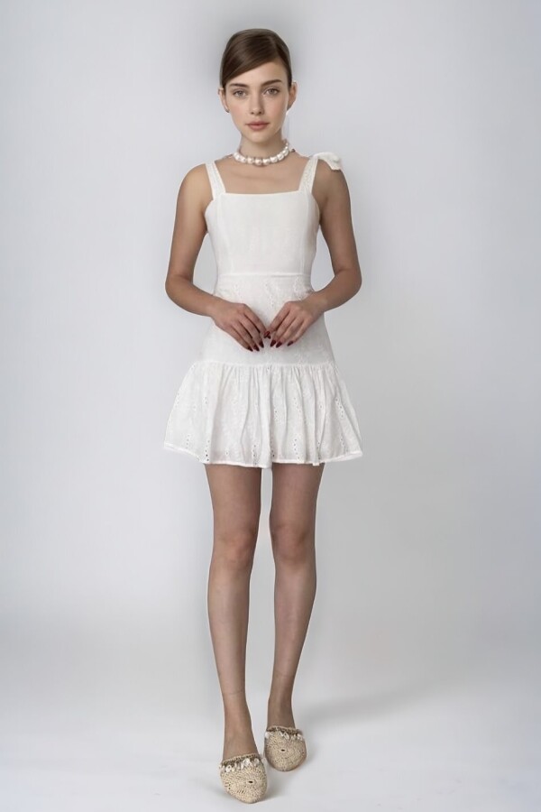 WHITE EYELET TIE-STRAP MINI DRESS - 2