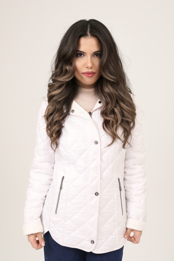 WHITE HOODED QUILTED COAT WITH FLEECE LINING - 4