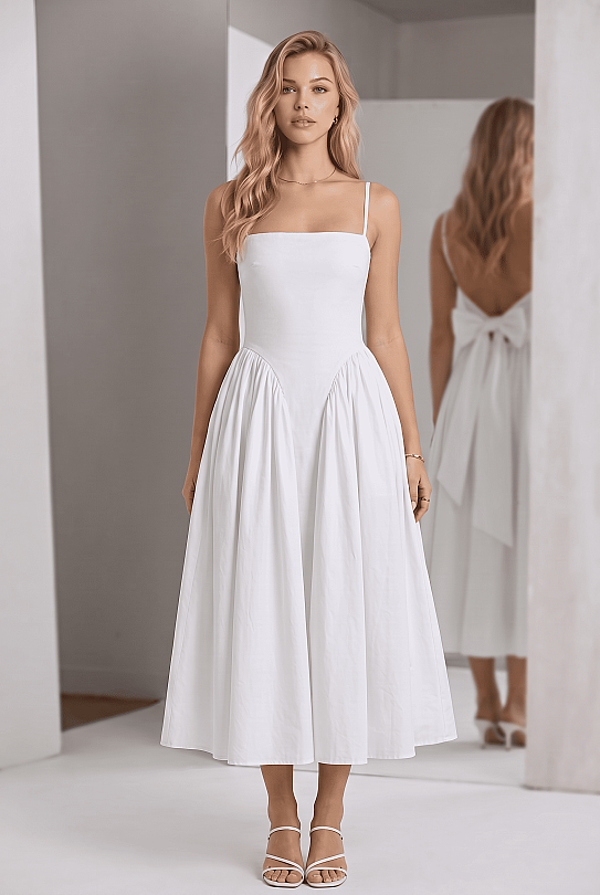 White midi dress with open back and bow detail - BERFUĞ KIRAN