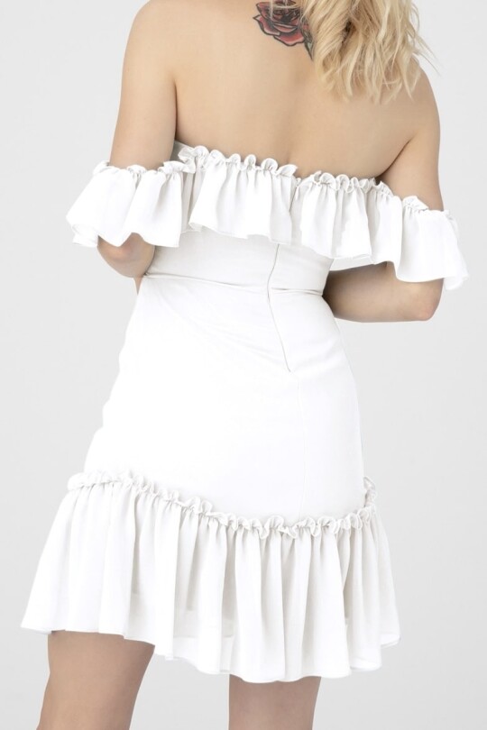 WHITE OFF-SHOULDER CHIFFON SATIN DRESS WITH FLOUNCE HEM - 3