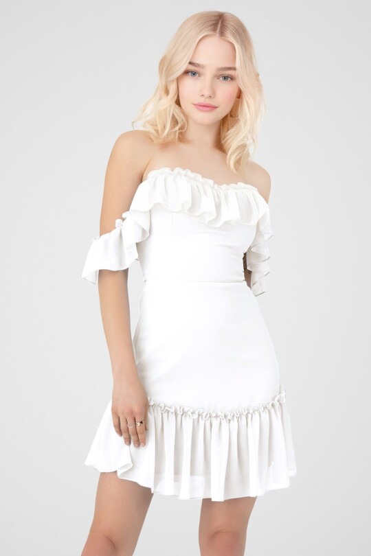 WHITE OFF-SHOULDER CHIFFON SATIN DRESS WITH FLOUNCE HEM - 1