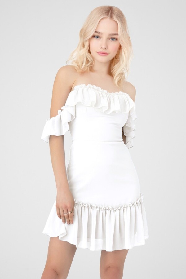 WHITE OFF-SHOULDER CHIFFON SATIN DRESS WITH FLOUNCE HEM - 1
