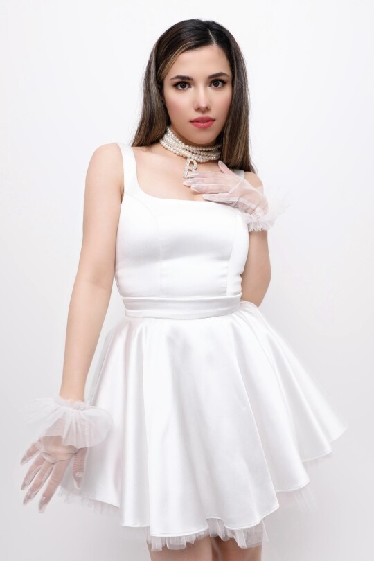 WHITE SATIN MINI DRESS WITH TULLE HEM DETAIL - 4
