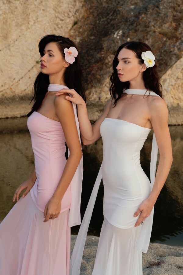 White strapless dress with chiffon skirt - 2