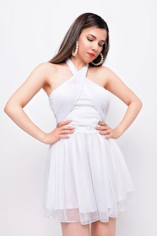 WHITE STRAPLESS GLITTER MINI DRESS WITH WAIST TIE - 2