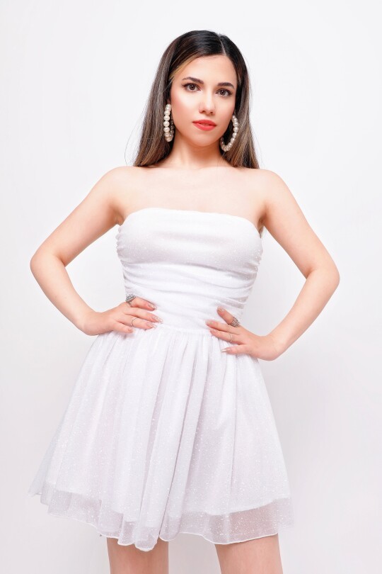 WHITE STRAPLESS GLITTER MINI DRESS WITH WAIST TIE - 3