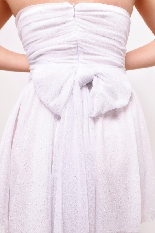 WHITE STRAPLESS GLITTER MINI DRESS WITH WAIST TIE - 5
