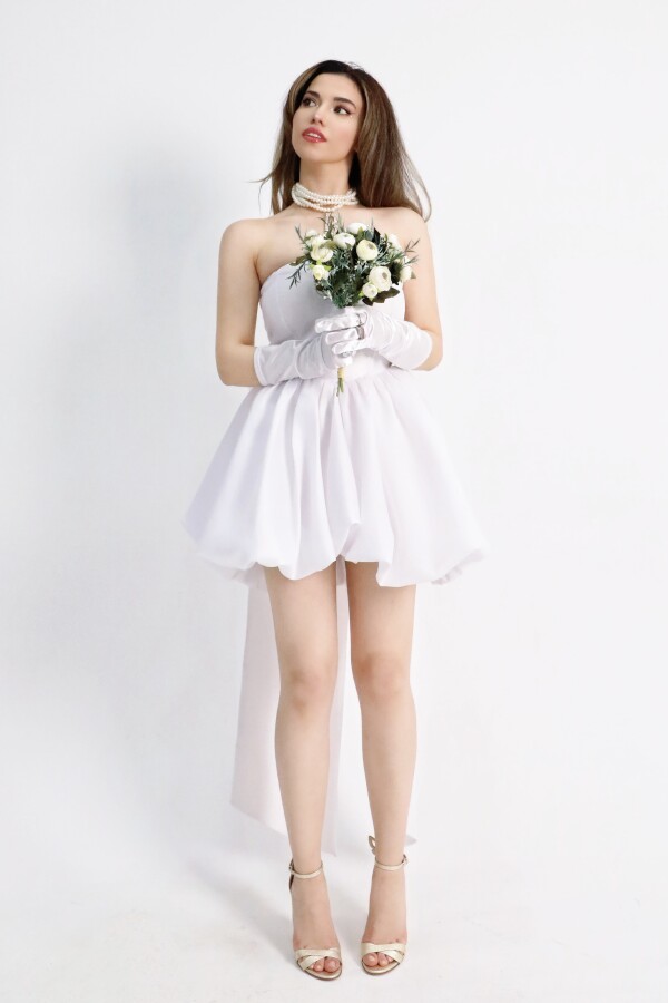 WHITE STRAPLESS TAFFETA DRESS WITH BACK BOW - 2