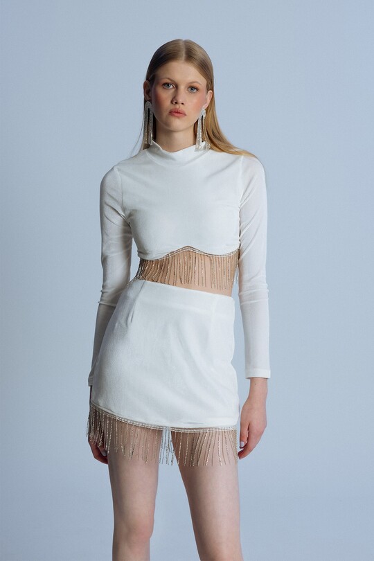 WHITE VELVET SKIRT WITH STONE HEADS - 2