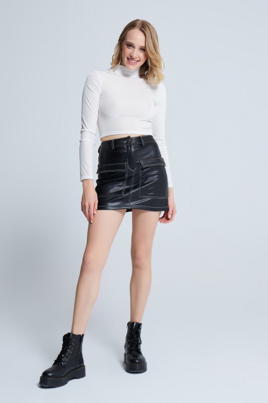 WHITE STITCH DETAILED SKIRT WITH POCKETS BLACK 