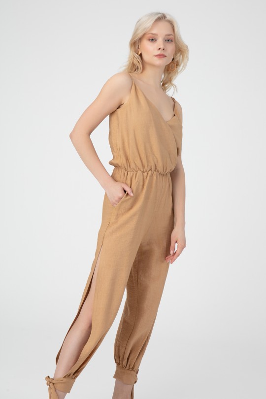 WRIST-LINING DOUBLE COLLAR LINEN OVERALL-CREAM 