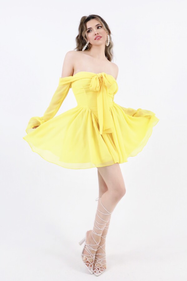 YELLOW FRONT-TIE LONG SLEEVE CHIFFON MINI DRESS - 1