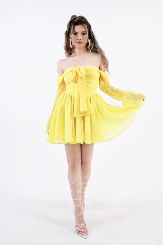 YELLOW FRONT-TIE LONG SLEEVE CHIFFON MINI DRESS - 2