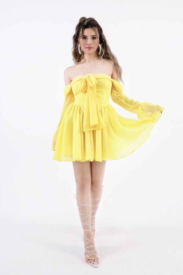 YELLOW FRONT-TIE LONG SLEEVE CHIFFON MINI DRESS - 2