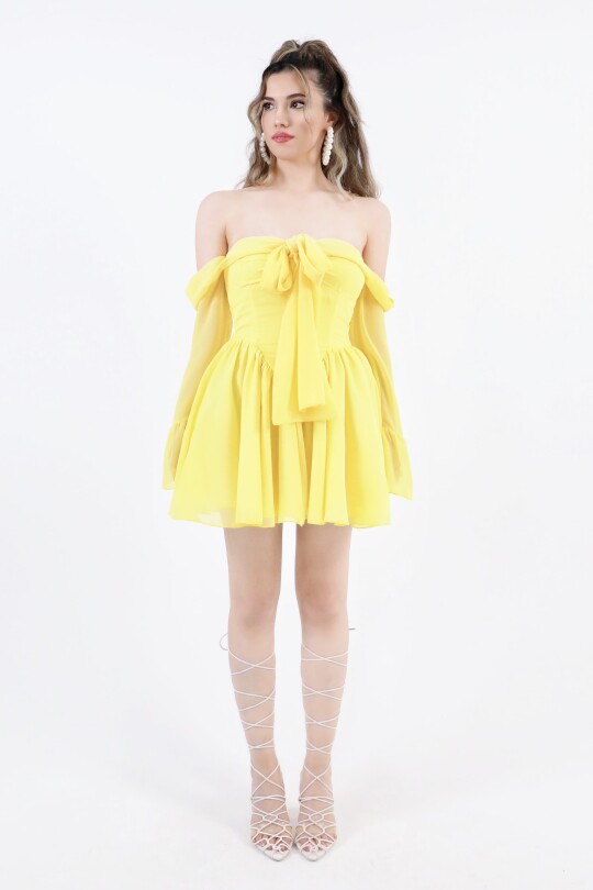 YELLOW FRONT-TIE LONG SLEEVE CHIFFON MINI DRESS - 3