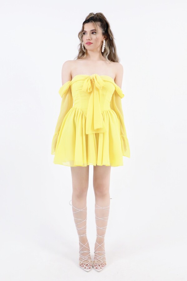 YELLOW FRONT-TIE LONG SLEEVE CHIFFON MINI DRESS - 3