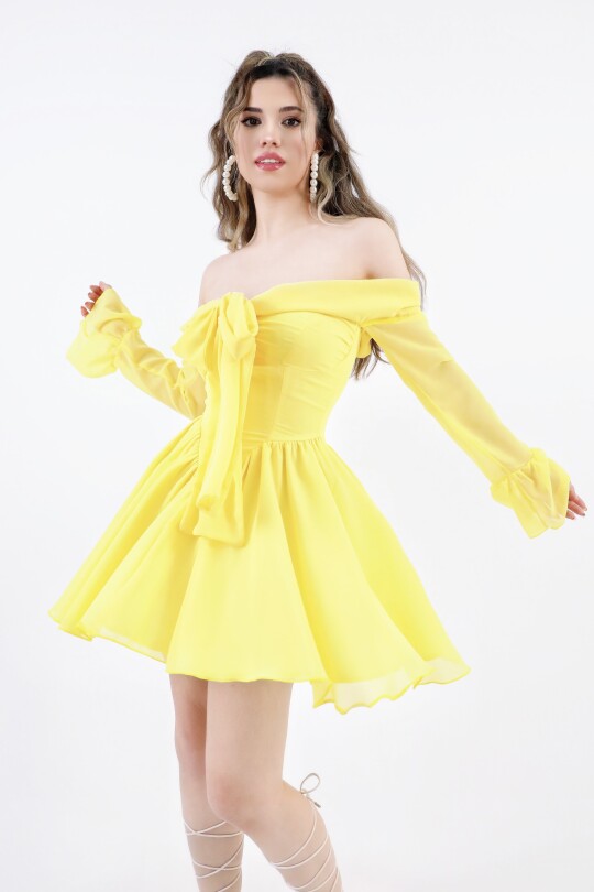 YELLOW FRONT-TIE LONG SLEEVE CHIFFON MINI DRESS - 4