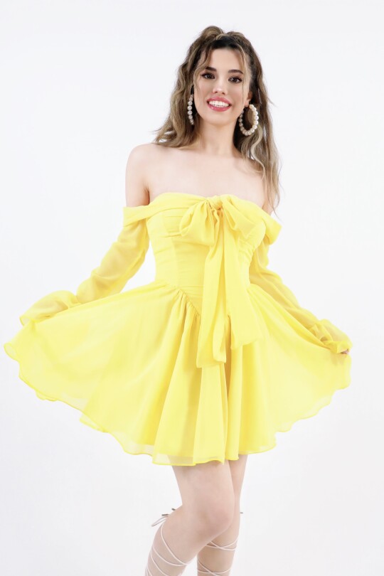 YELLOW FRONT-TIE LONG SLEEVE CHIFFON MINI DRESS - 5