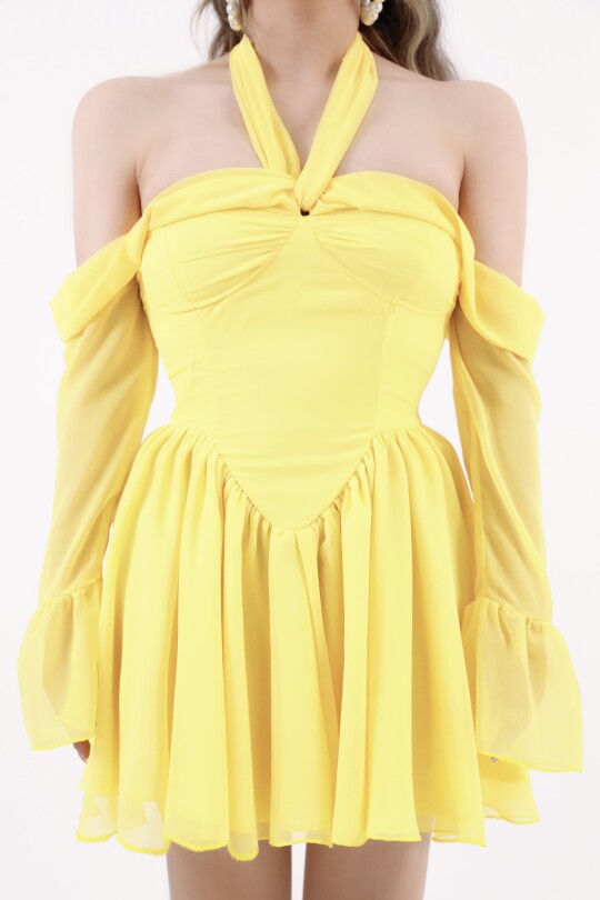 YELLOW FRONT-TIE LONG SLEEVE CHIFFON MINI DRESS - 7