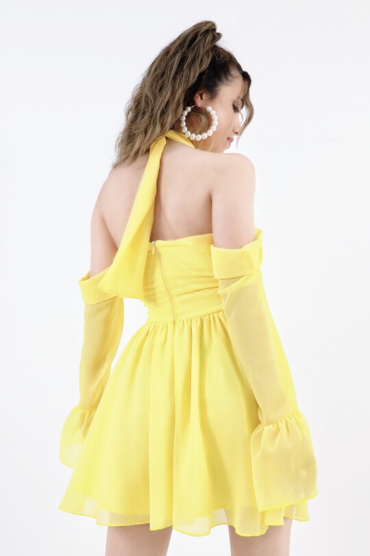 YELLOW FRONT-TIE LONG SLEEVE CHIFFON MINI DRESS - 8