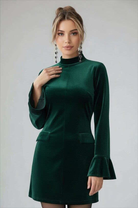 YEŞİL UZUN KOLLU CEP DETAYLI KADİFE ELBİSE - 2