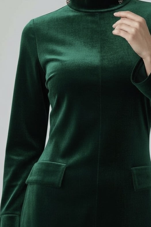 YEŞİL UZUN KOLLU CEP DETAYLI KADİFE ELBİSE - 3