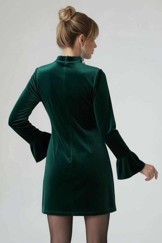 YEŞİL UZUN KOLLU CEP DETAYLI KADİFE ELBİSE - 4